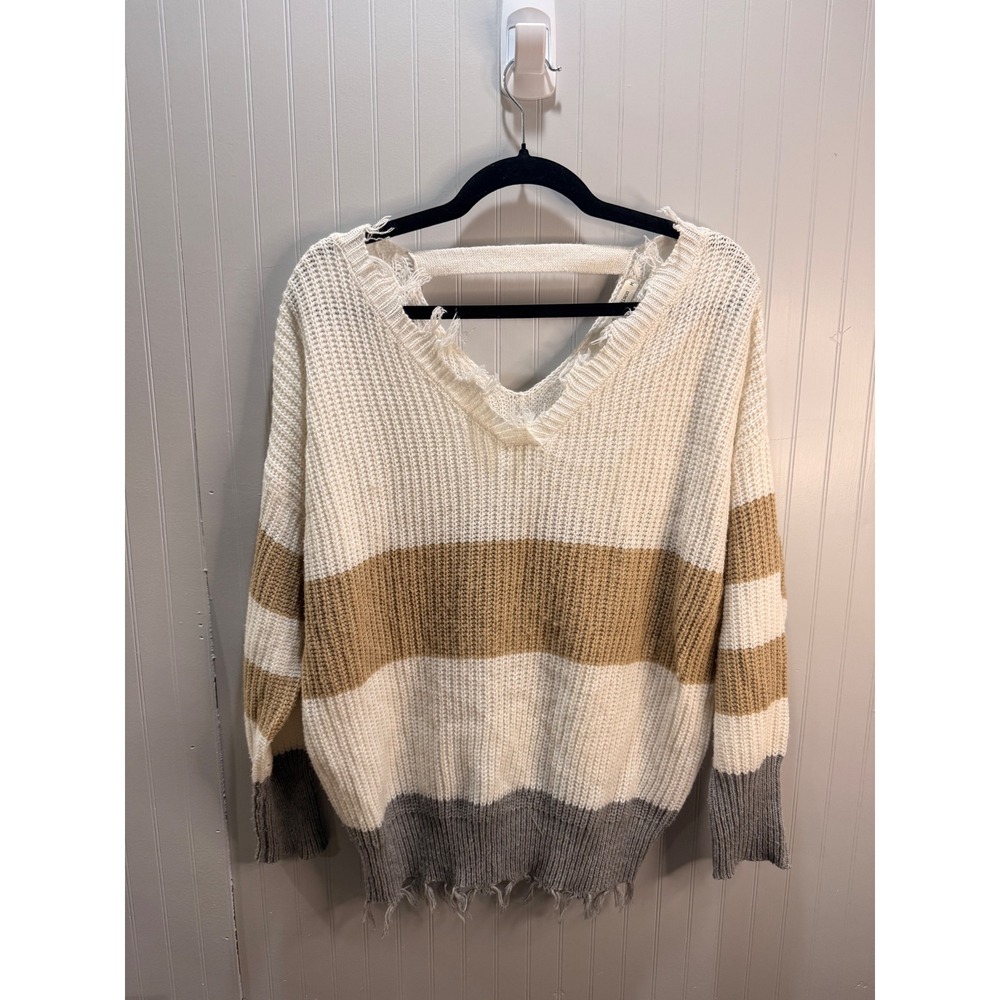 Moon & Madison Distressed Striped V-Neck Oversized‎ Shaker Knit Sweater Womens M